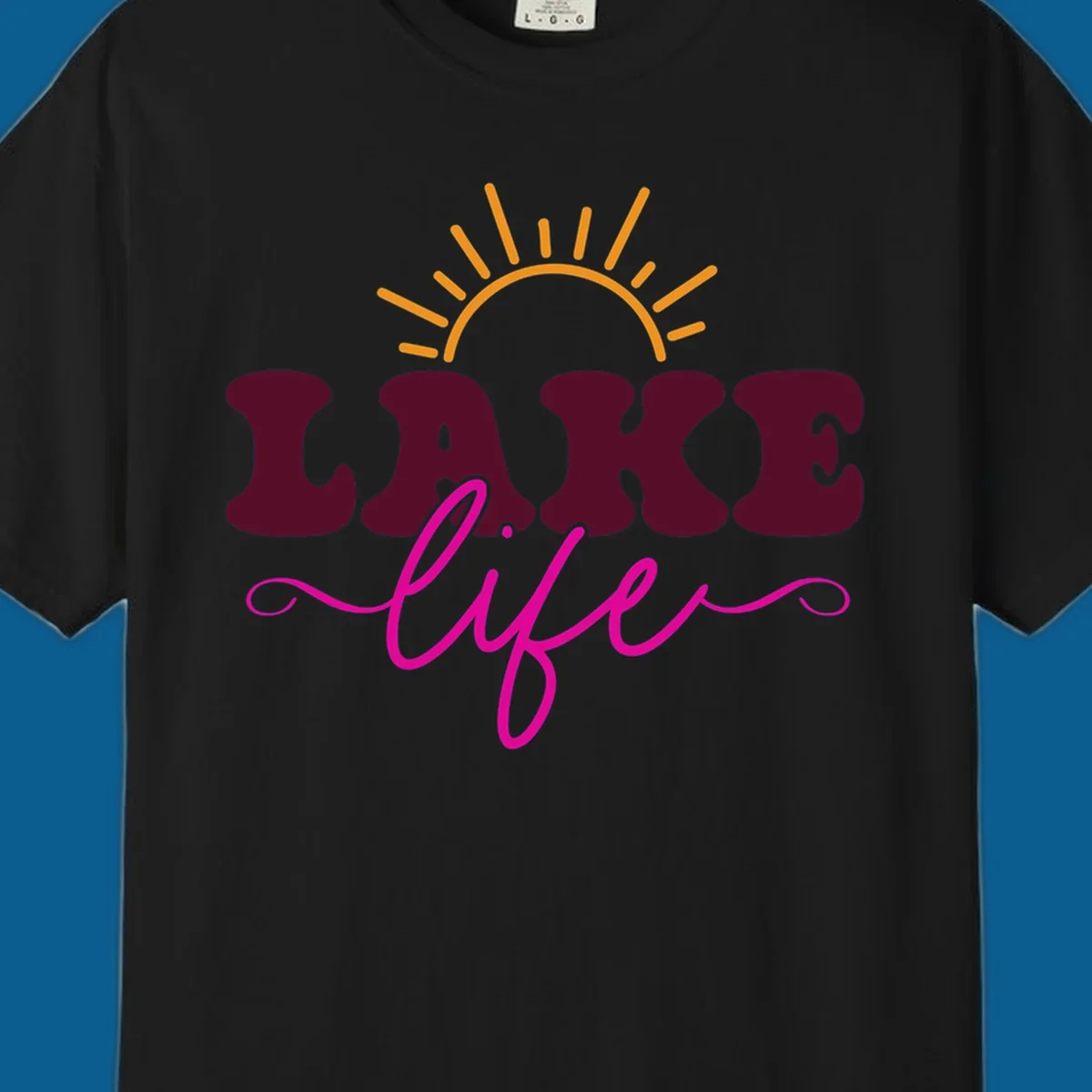 Retro lake life sun graphic with maroon LAKE and pink life text.