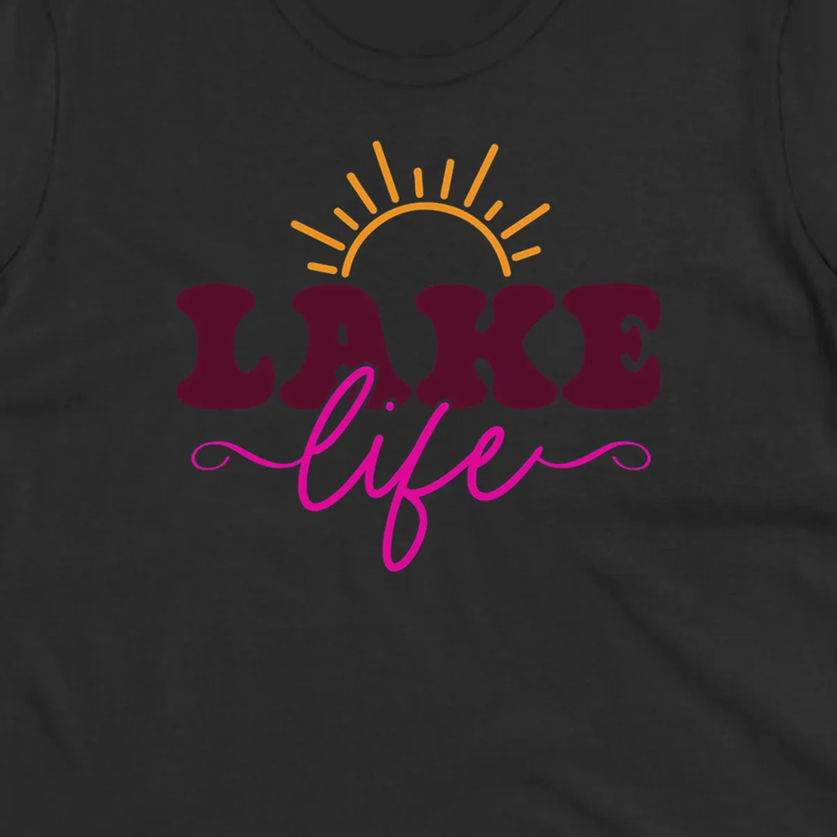 Retro lake life sun graphic with maroon LAKE and pink life text.