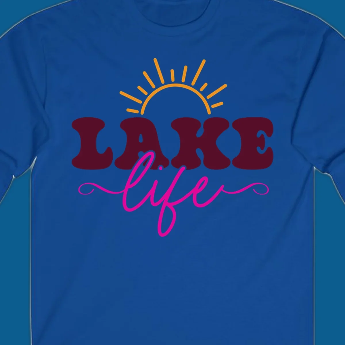 Retro lake life sun graphic with maroon LAKE and pink life text.