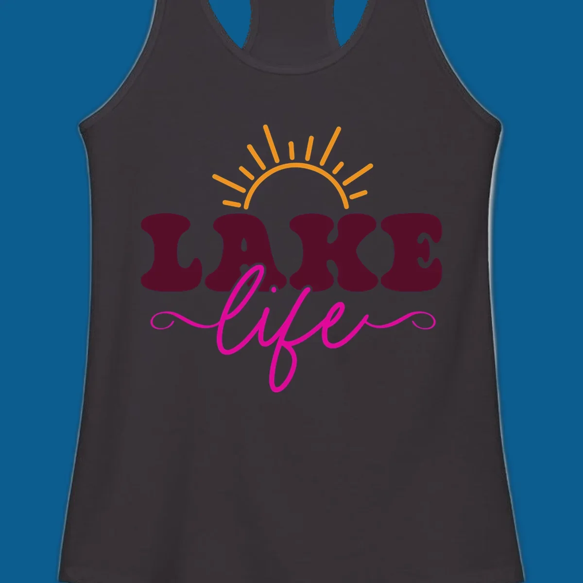 Retro lake life sun graphic with maroon LAKE and pink life text.