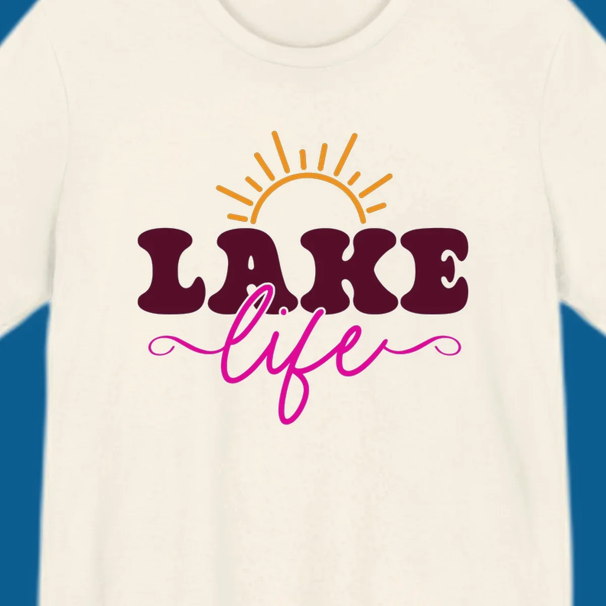 Retro lake life sun graphic with maroon LAKE and pink life text.
