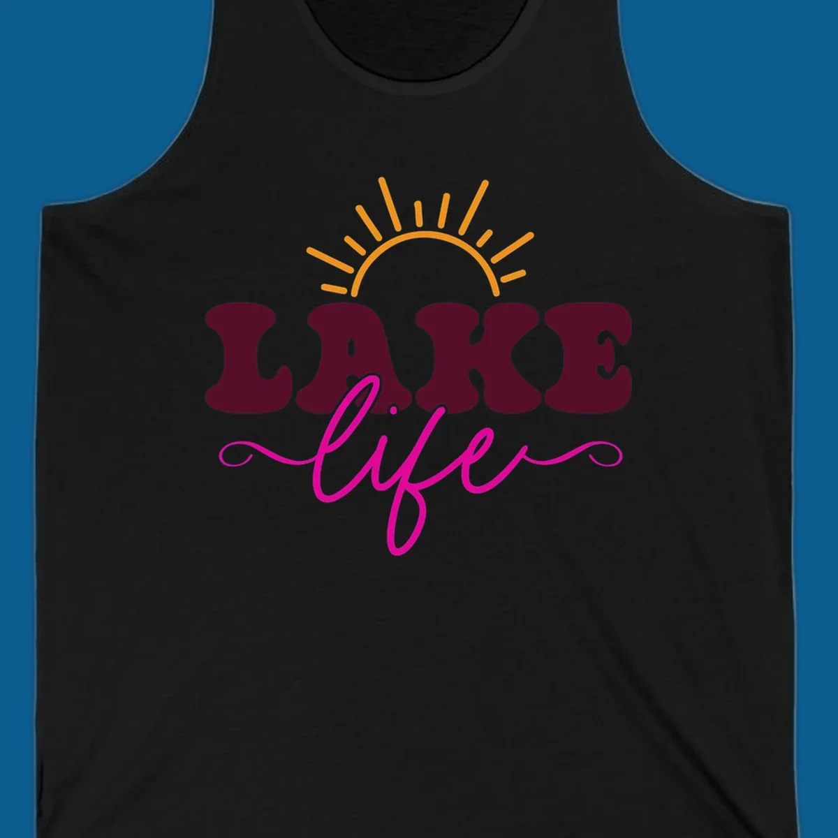 Retro lake life sun graphic with maroon LAKE and pink life text.