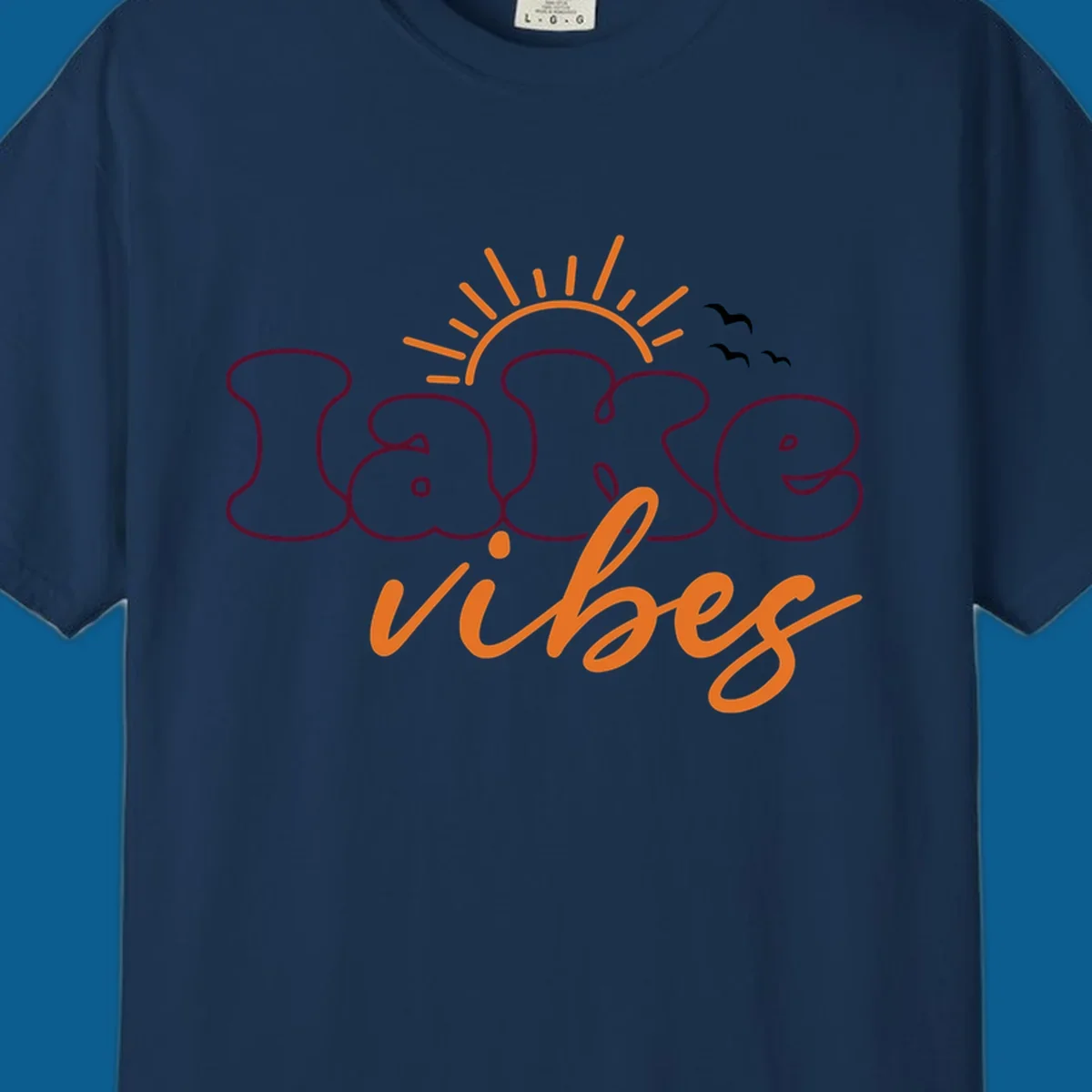 Lake vibes text design with sun and birds