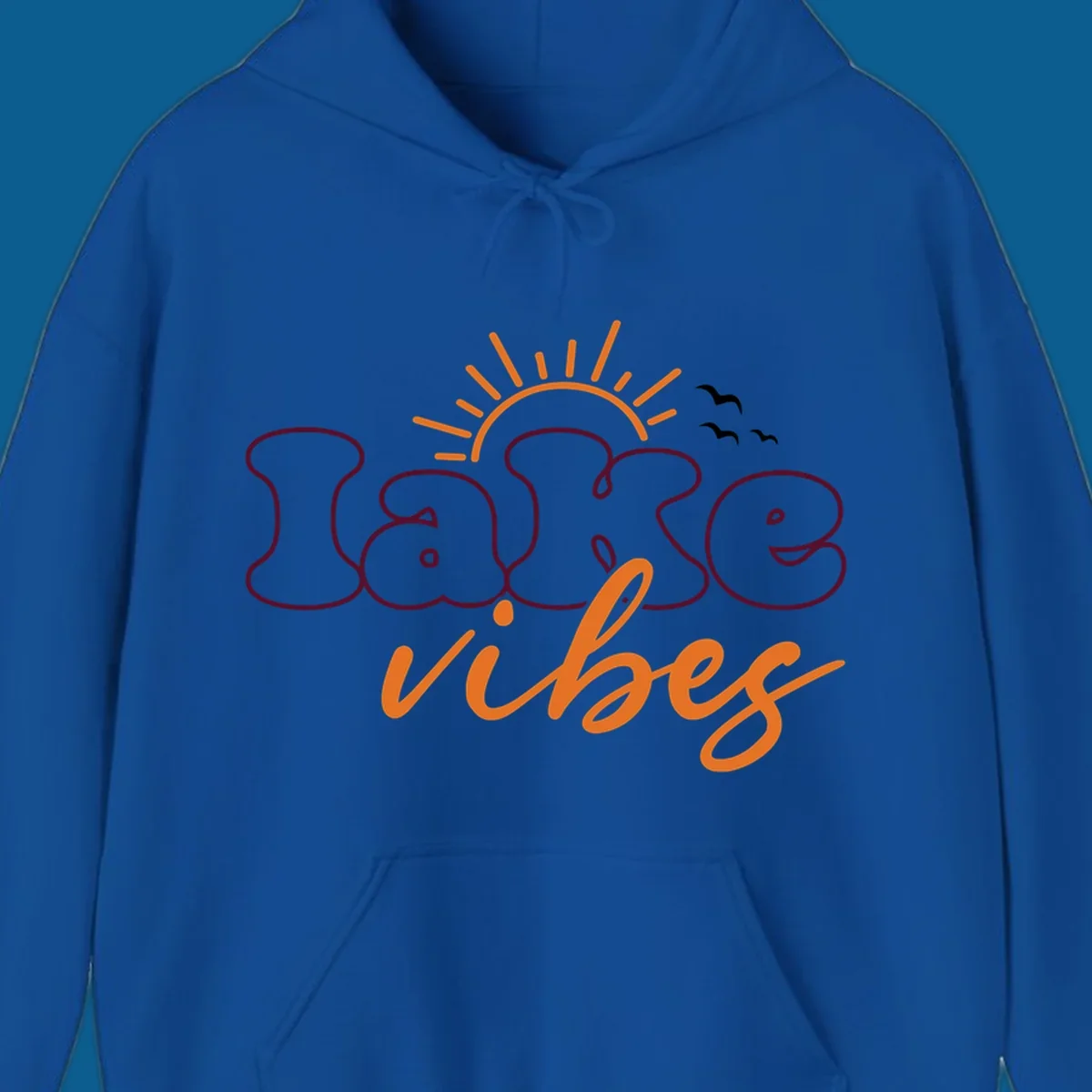 Lake vibes text design with sun and birds