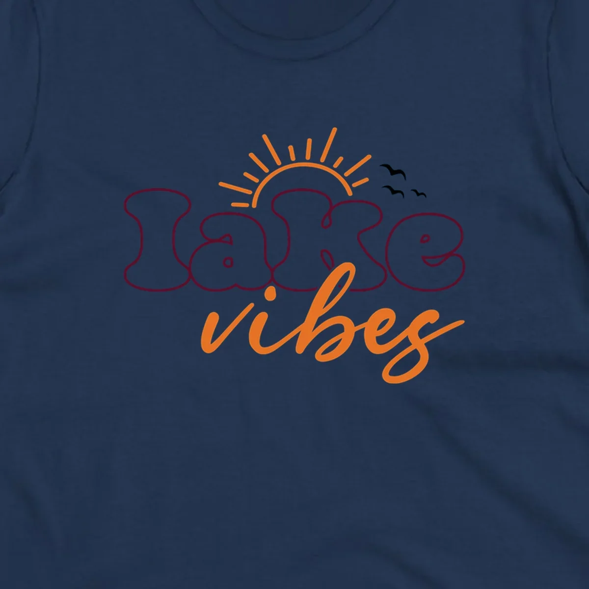 Lake vibes text design with sun and birds