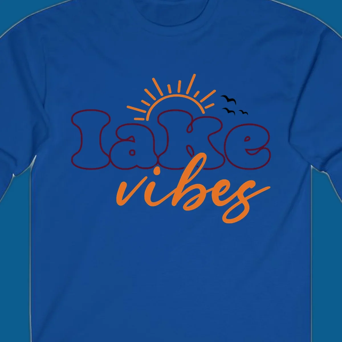 Lake vibes text design with sun and birds