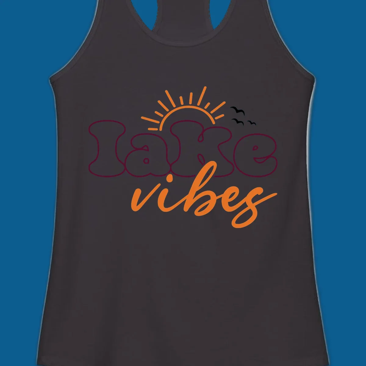 Lake vibes text design with sun and birds