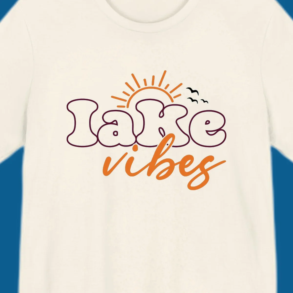 Lake vibes text design with sun and birds