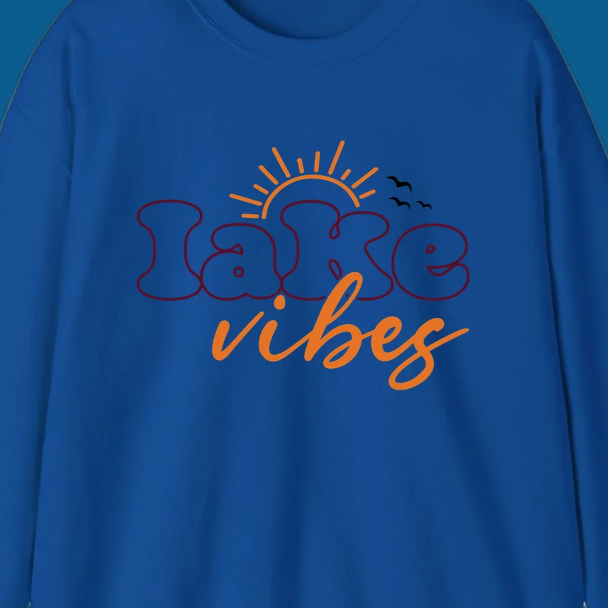 Lake vibes text design with sun and birds