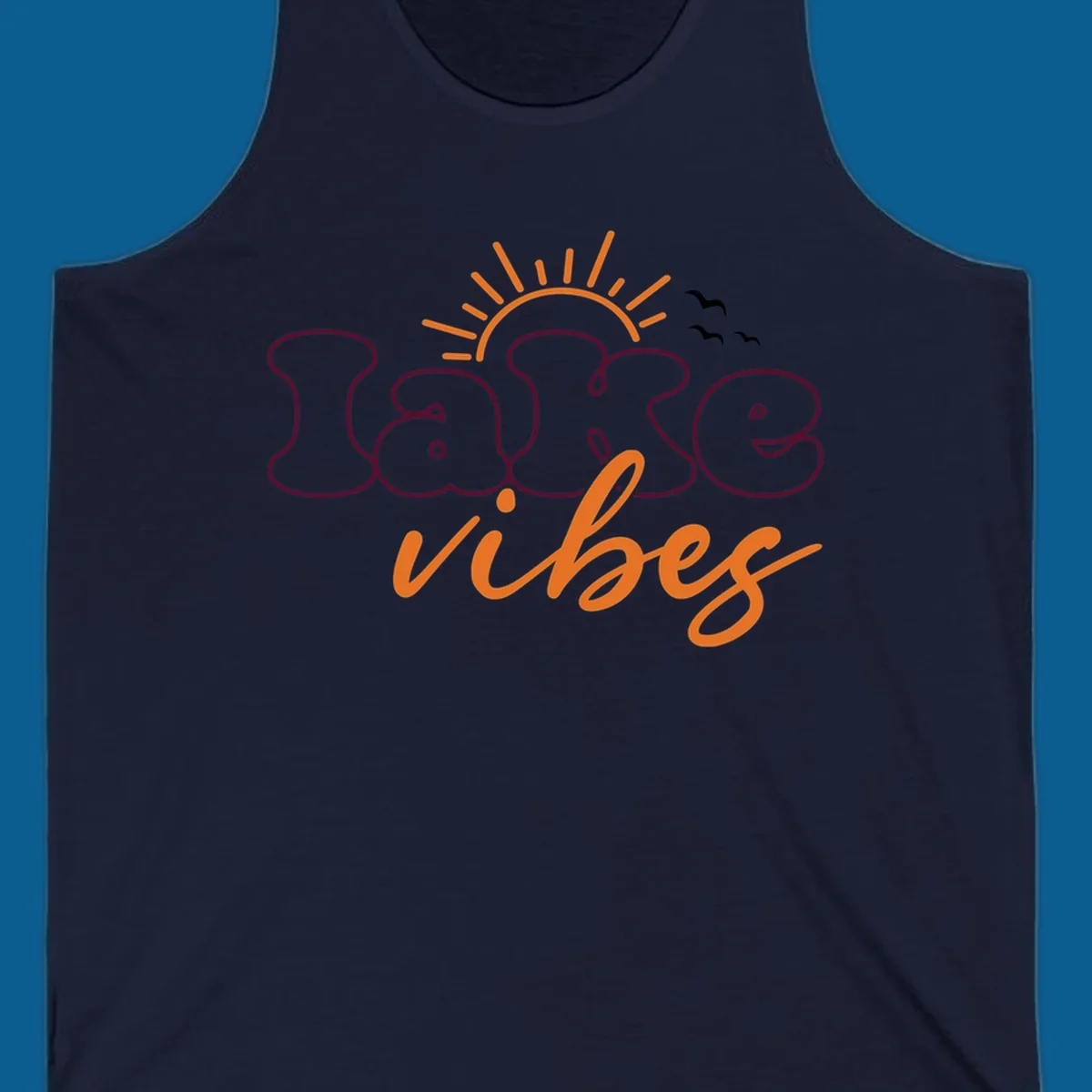 Lake vibes text design with sun and birds