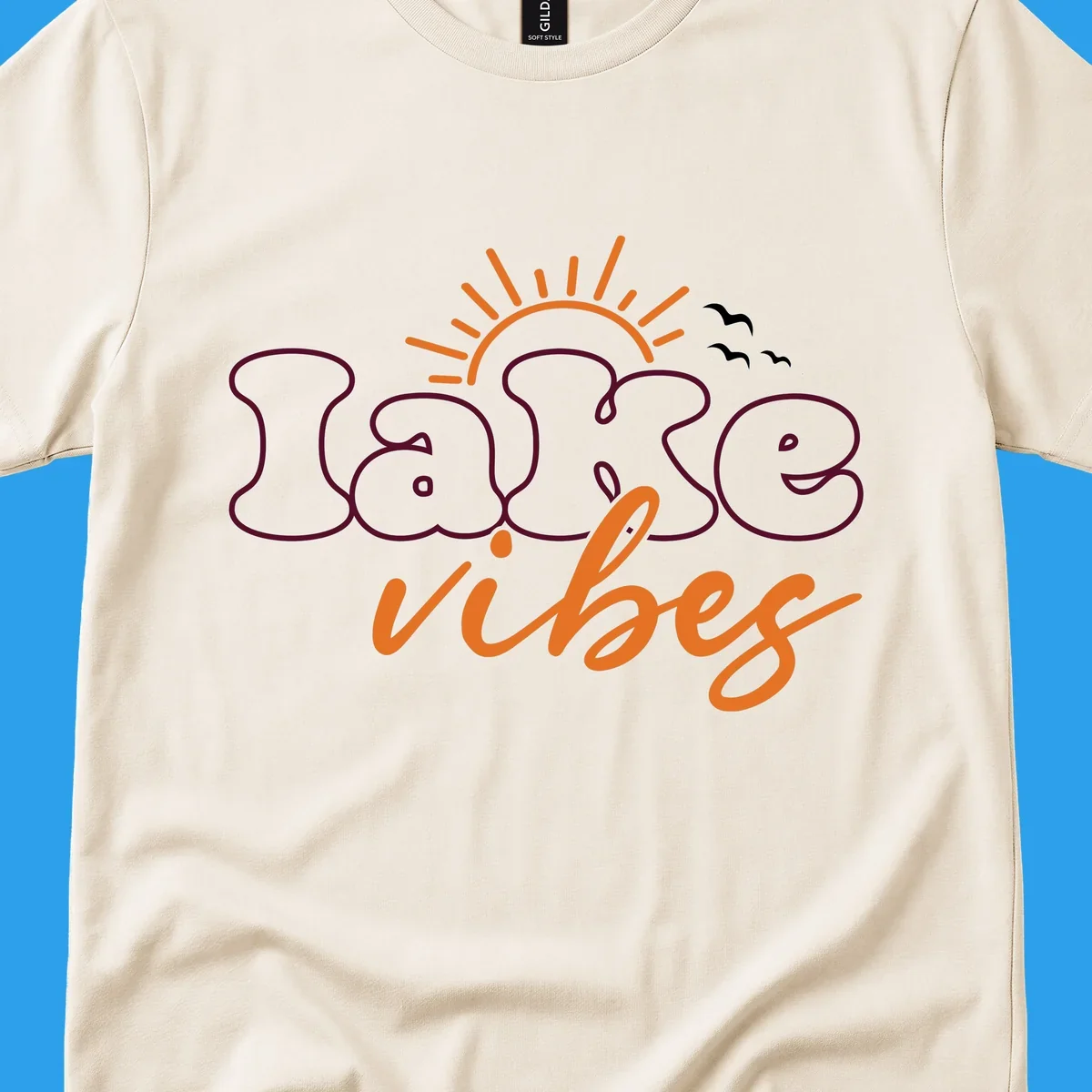 Lake vibes text design with sun and birds