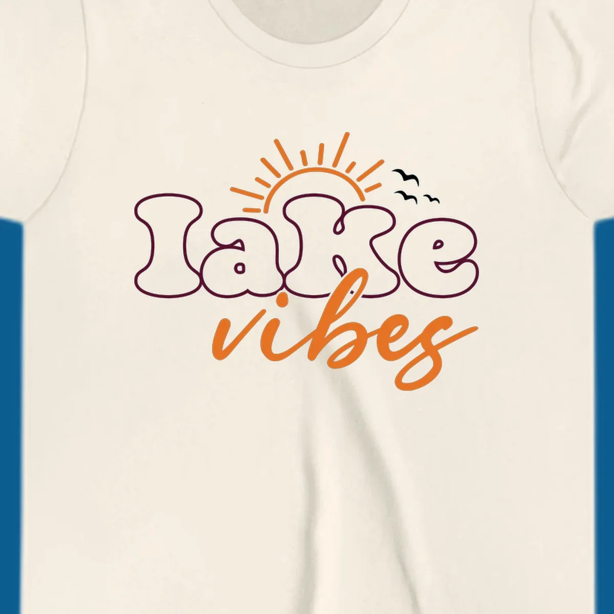 Lake vibes text design with sun and birds