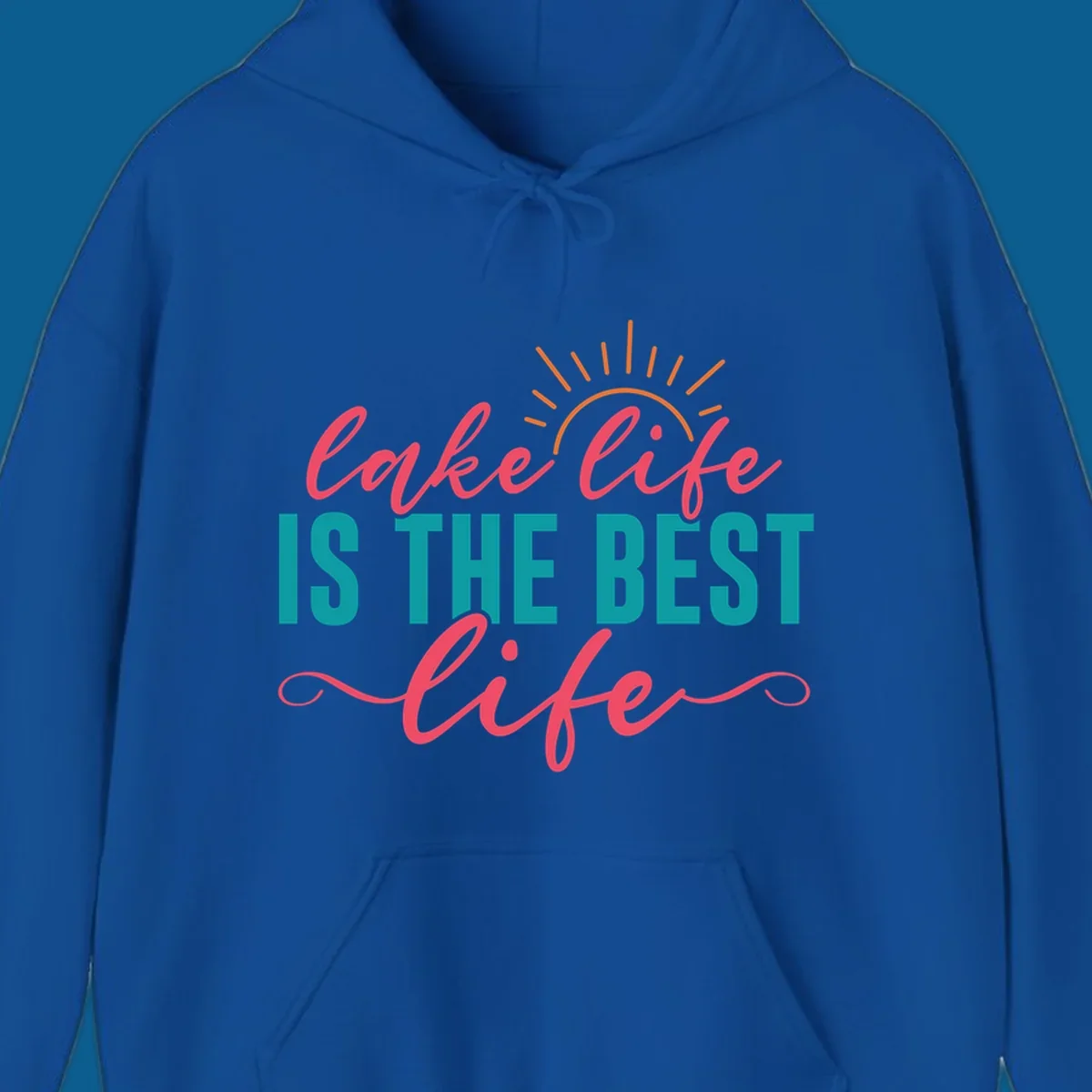 Lake life is the best life text with sun graphic