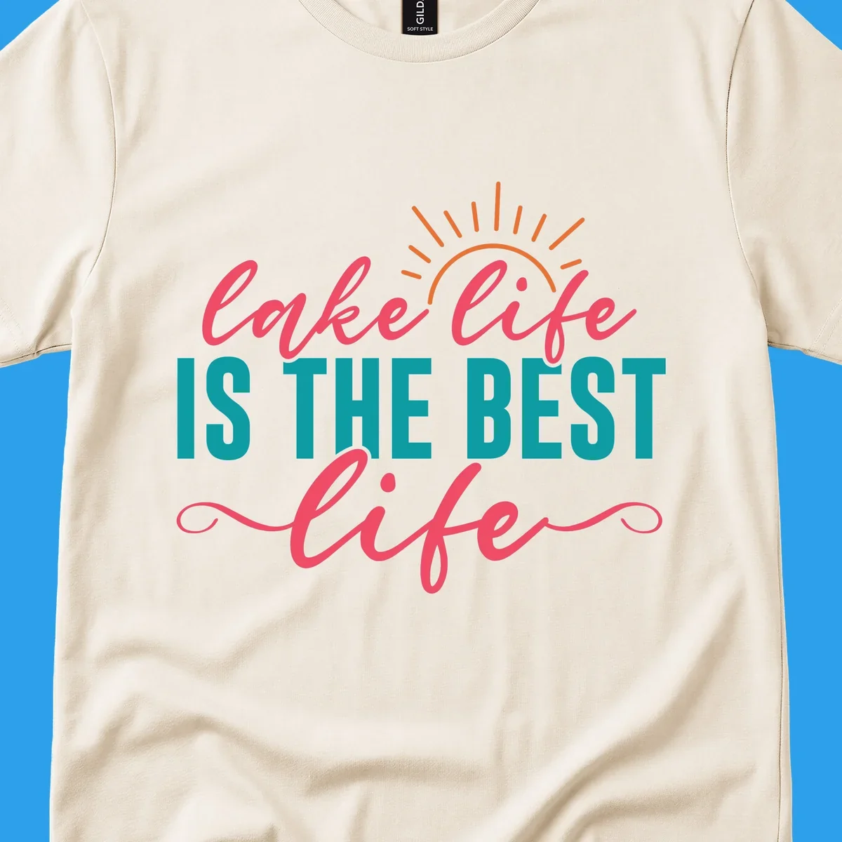 Lake life is the best life text with sun graphic