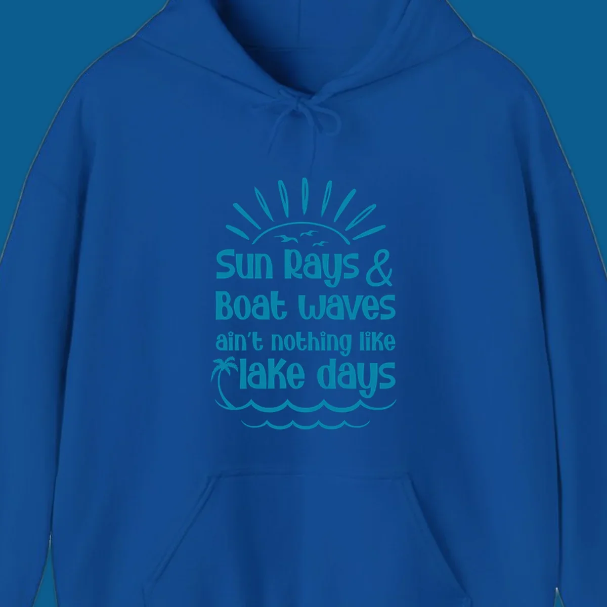 Sun rays boat waves ain't nothing like lake days text design with sun, birds, palm tree, and waves.