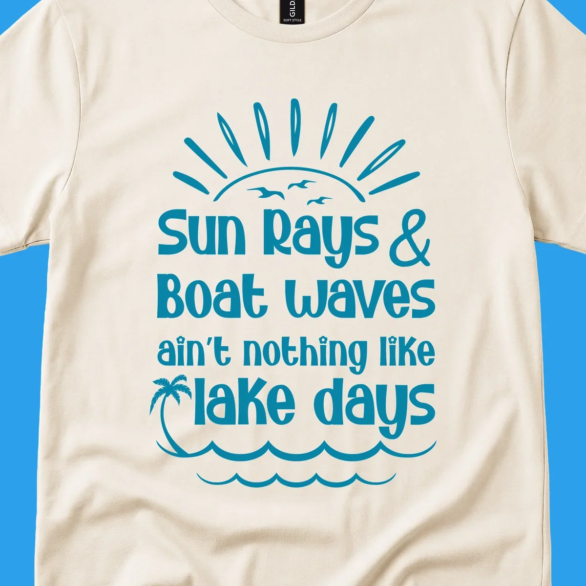 Sun rays boat waves ain't nothing like lake days text design with sun, birds, palm tree, and waves.
