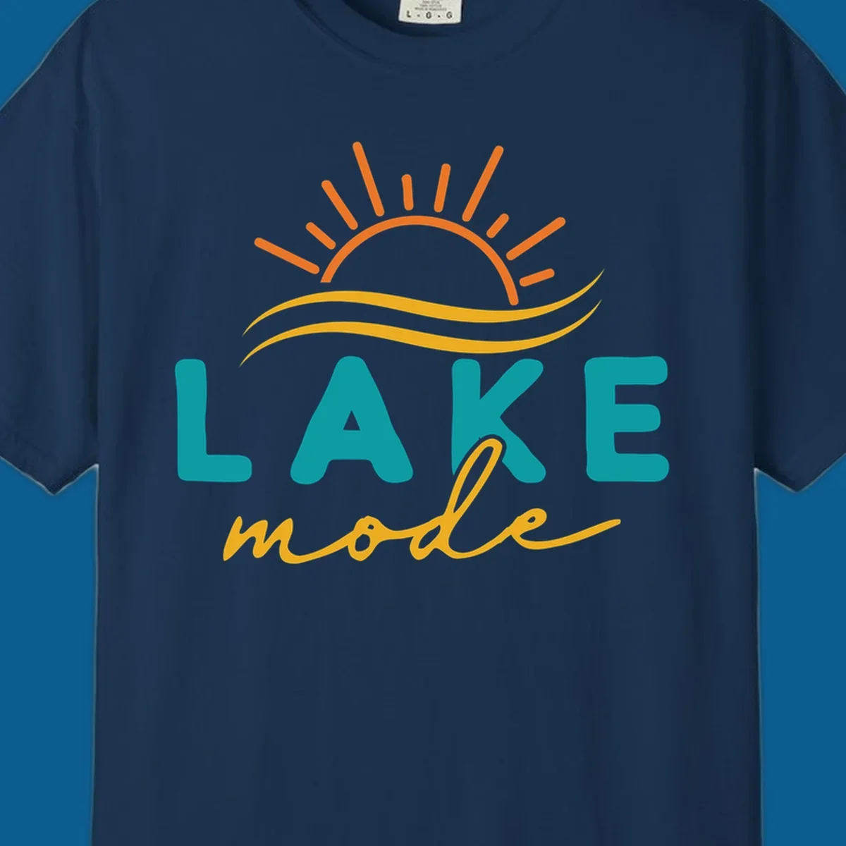 Lake mode graphic with sun rays and waves, teal and yellow text.