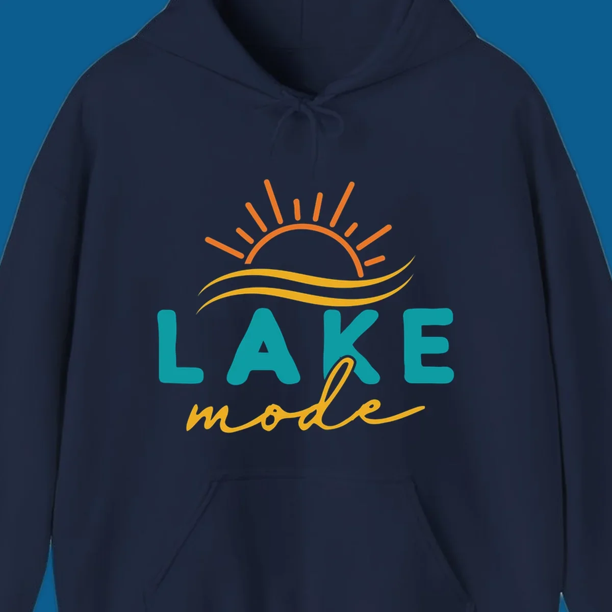 Lake mode graphic with sun rays and waves, teal and yellow text.