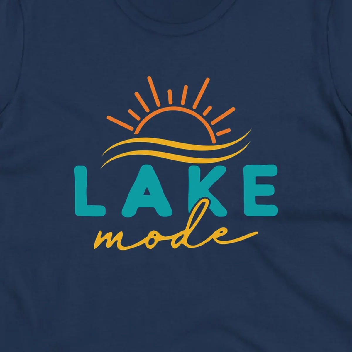 Lake mode graphic with sun rays and waves, teal and yellow text.