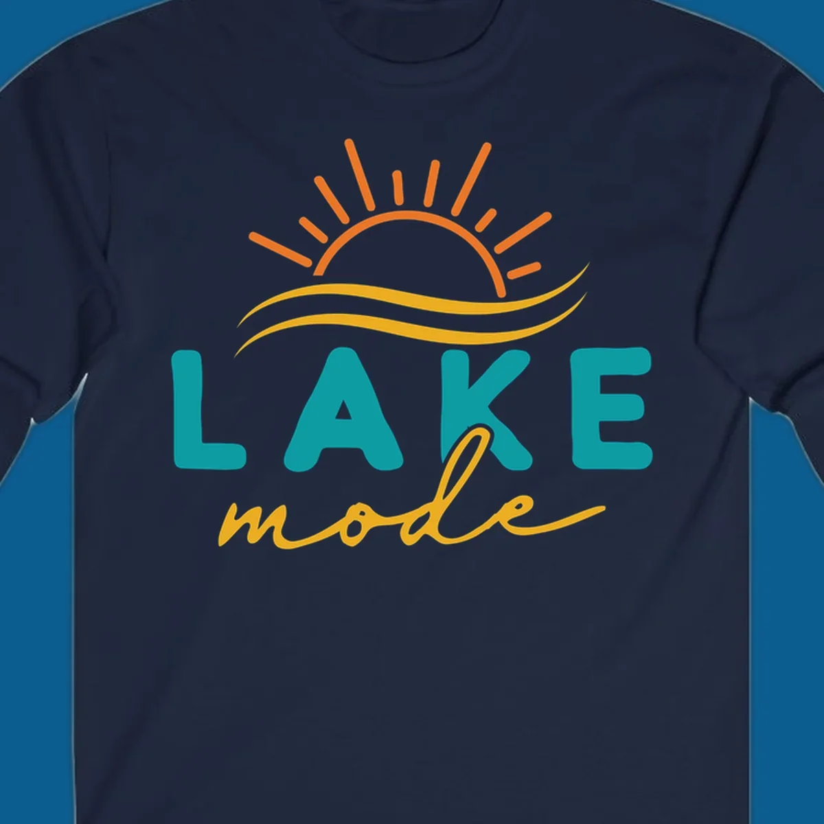 Lake mode graphic with sun rays and waves, teal and yellow text.