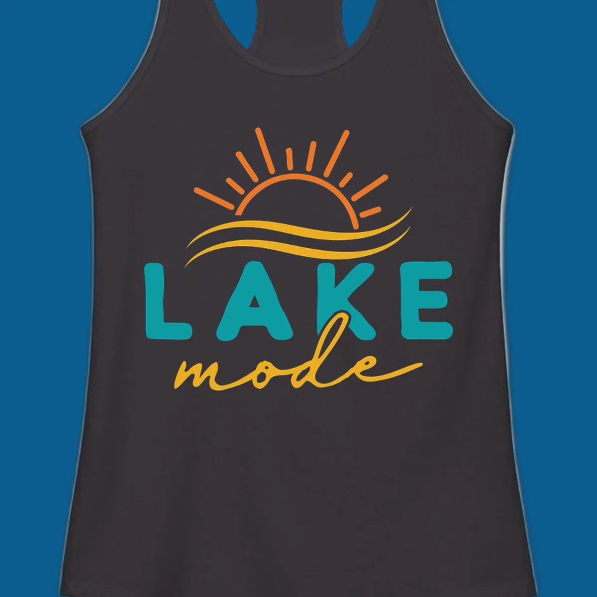 Lake mode graphic with sun rays and waves, teal and yellow text.