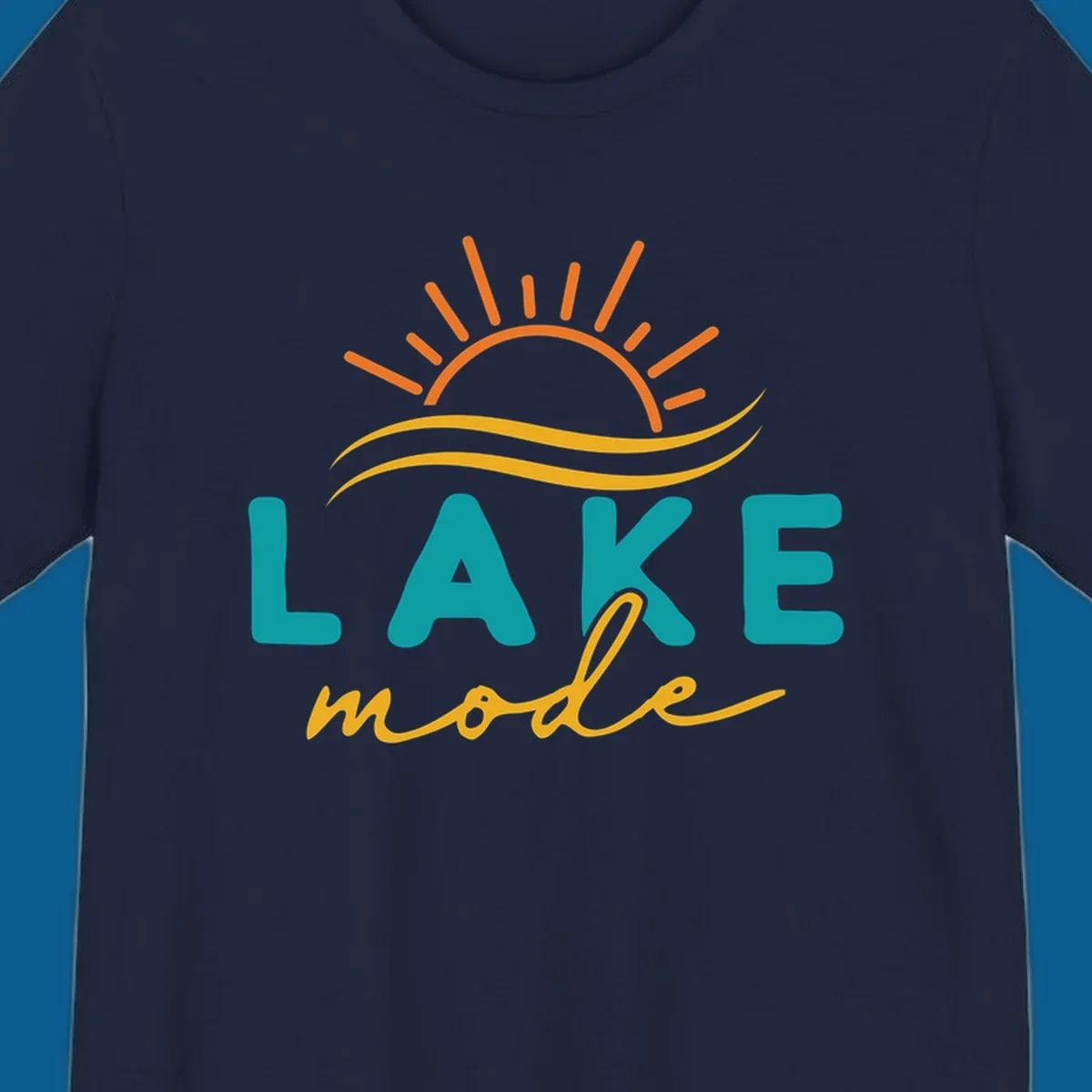 Lake mode graphic with sun rays and waves, teal and yellow text.