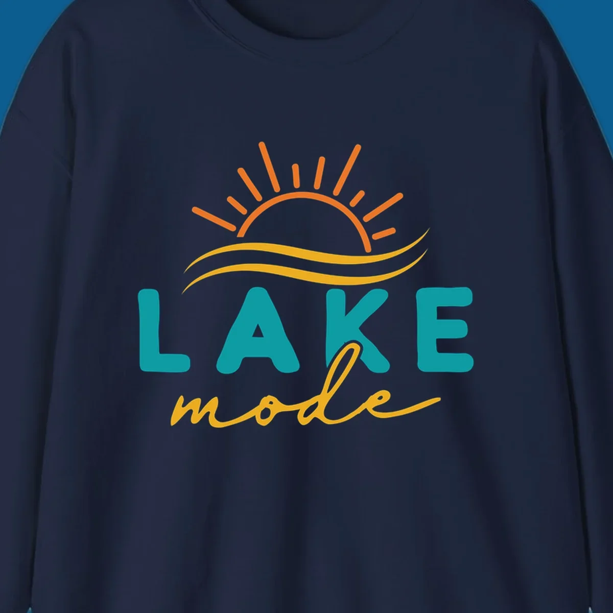 Lake mode graphic with sun rays and waves, teal and yellow text.