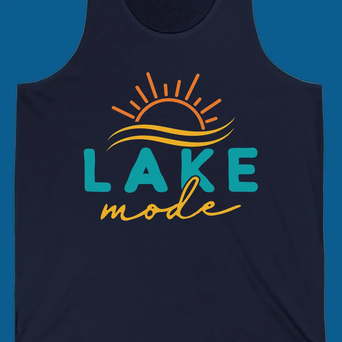 Lake mode graphic with sun rays and waves, teal and yellow text.