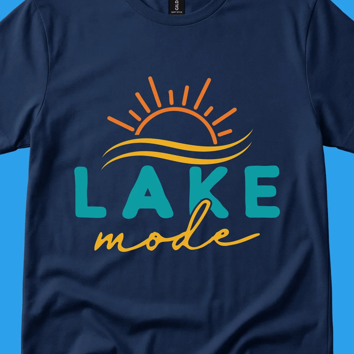Lake mode graphic with sun rays and waves, teal and yellow text.