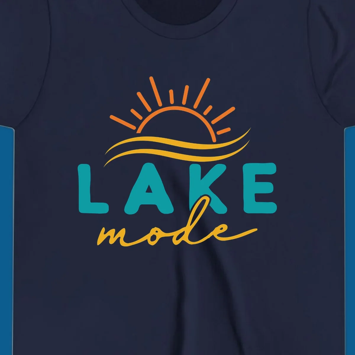 Lake mode graphic with sun rays and waves, teal and yellow text.
