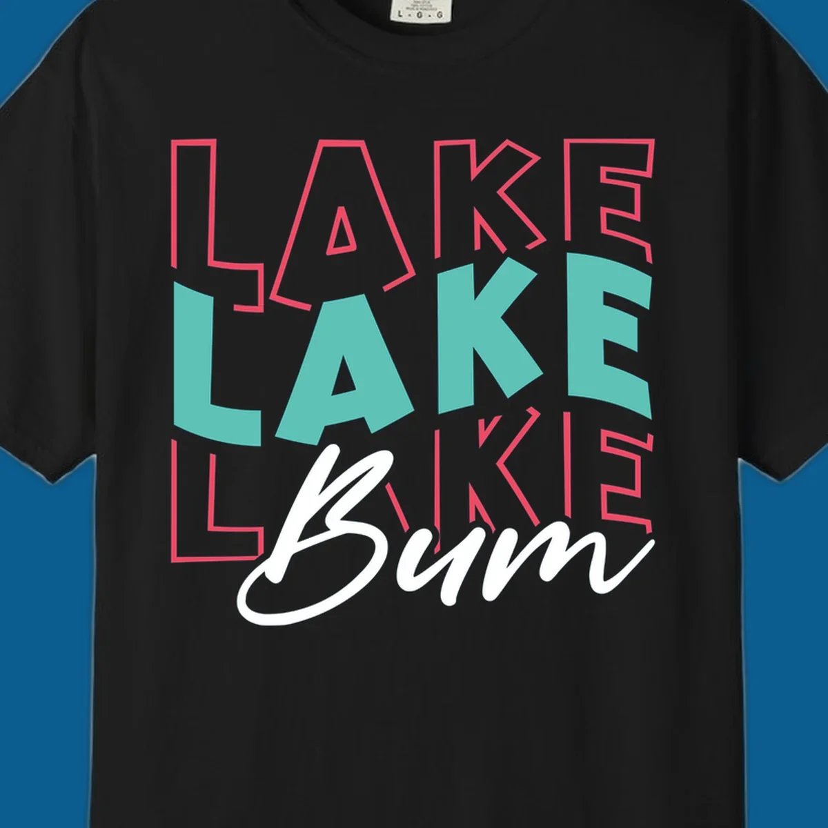 Lake Bum typography design with layered LAKE text and white script Bum. lake-bum-typography.