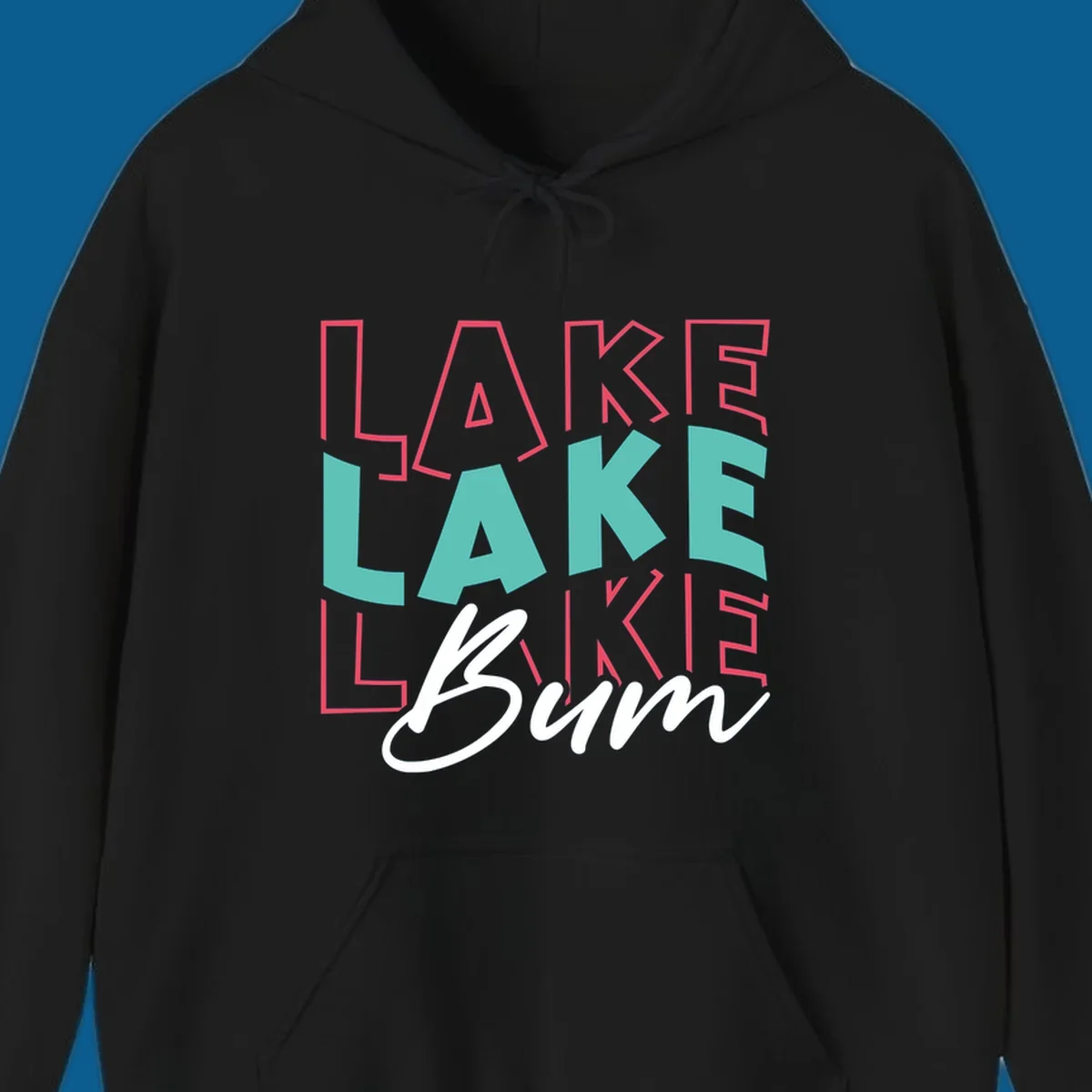 Lake Bum typography design with layered LAKE text and white script Bum. lake-bum-typography.