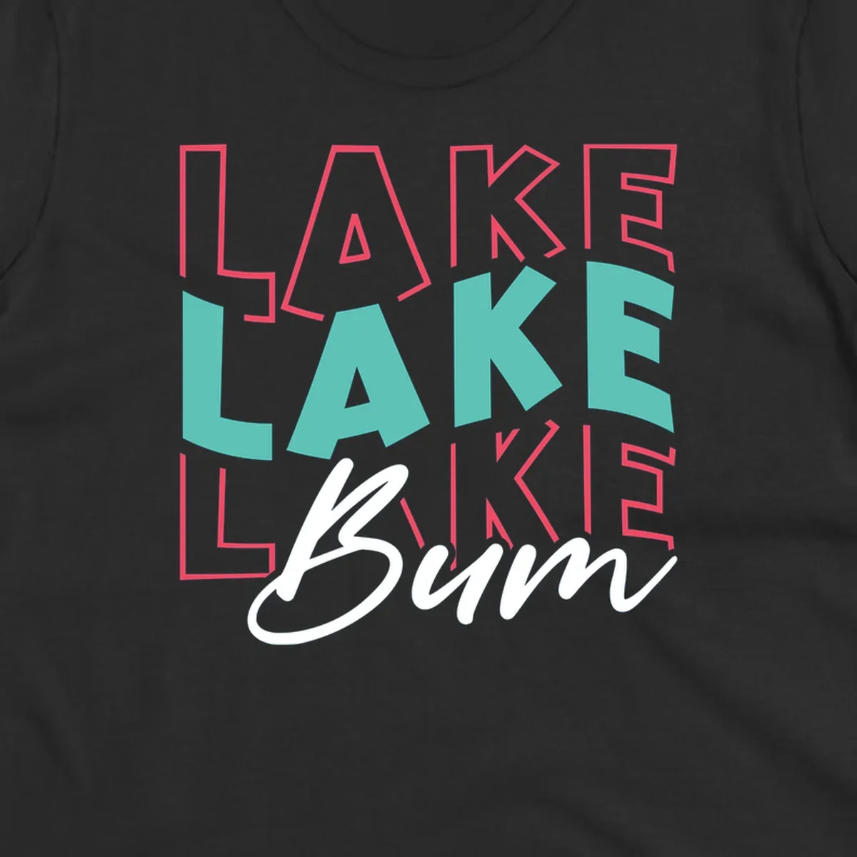 Lake Bum typography design with layered LAKE text and white script Bum. lake-bum-typography.
