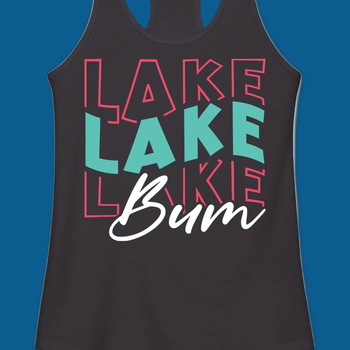 Lake Bum typography design with layered LAKE text and white script Bum. lake-bum-typography.