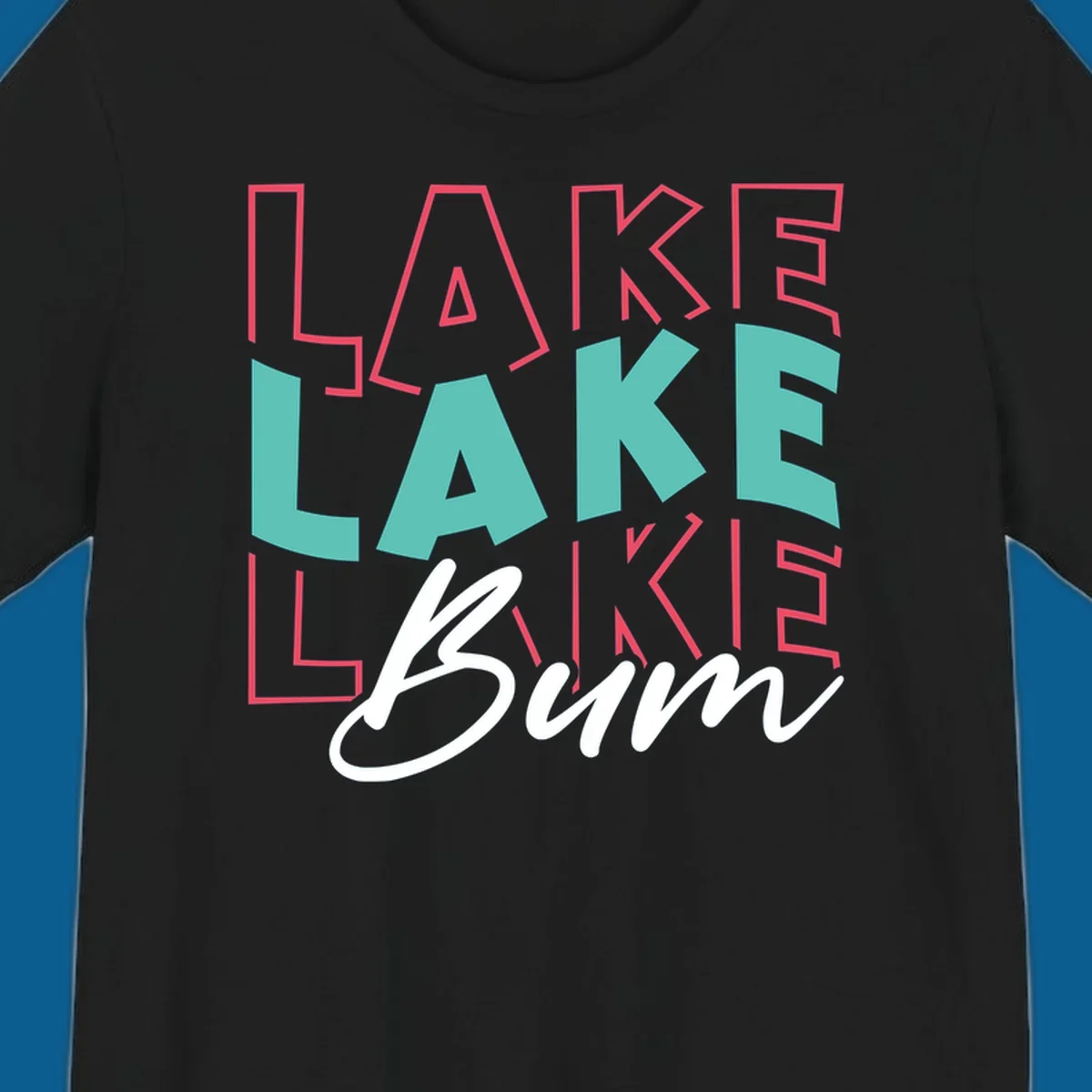 Lake Bum typography design with layered LAKE text and white script Bum. lake-bum-typography.