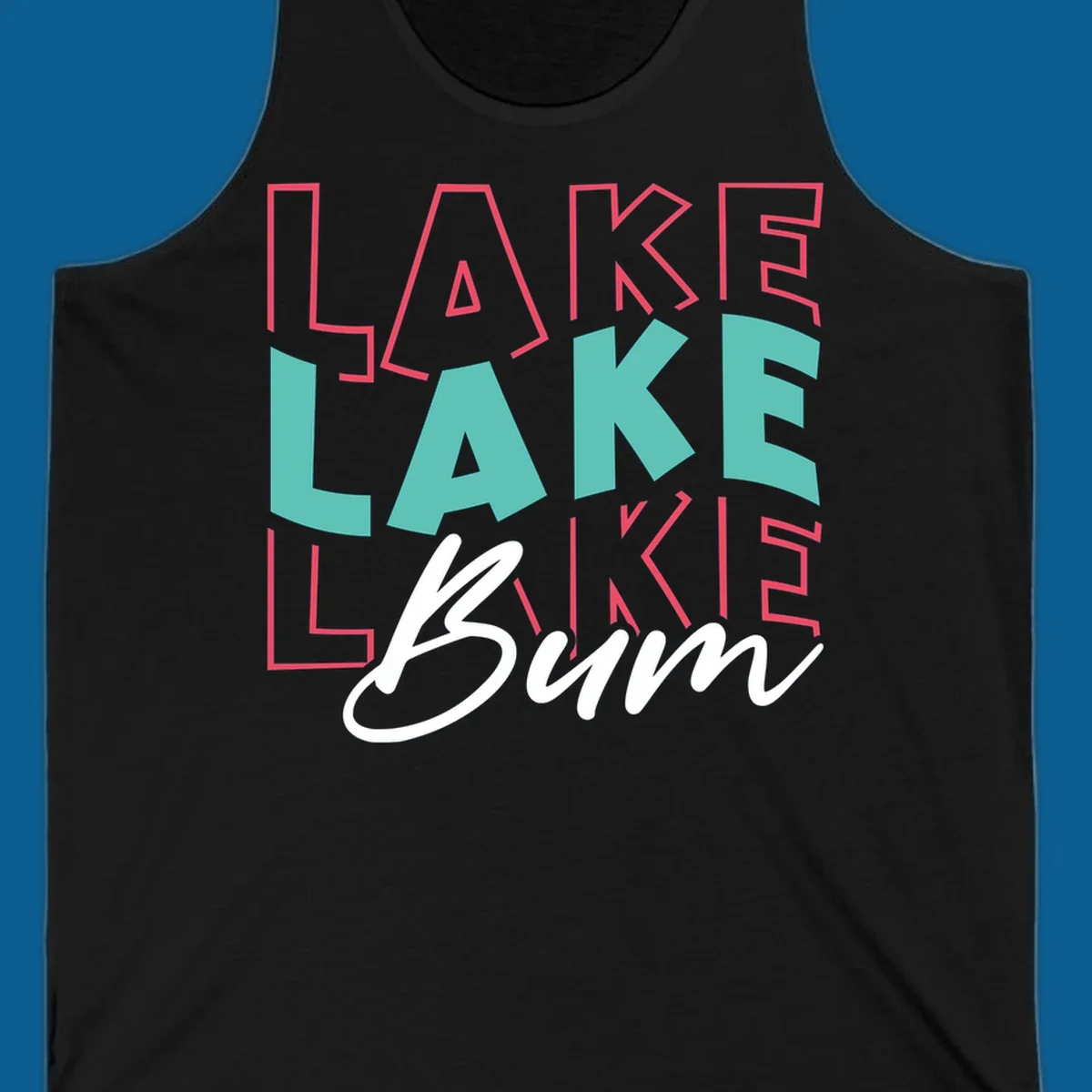 Lake Bum typography design with layered LAKE text and white script Bum. lake-bum-typography.