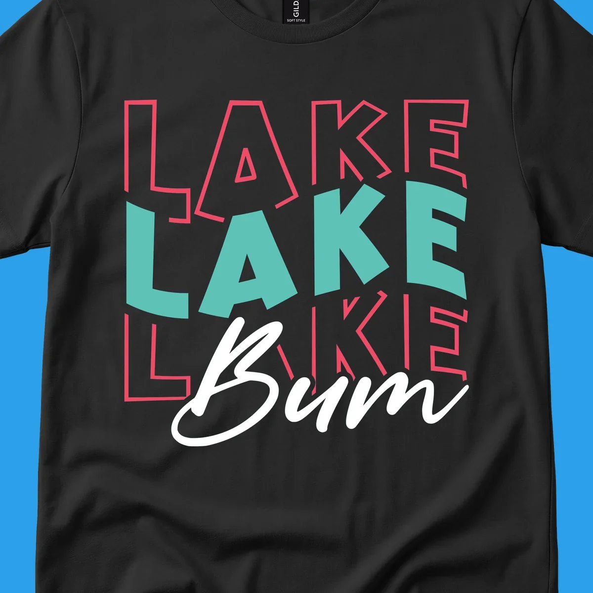 Lake Bum typography design with layered LAKE text and white script Bum. lake-bum-typography.