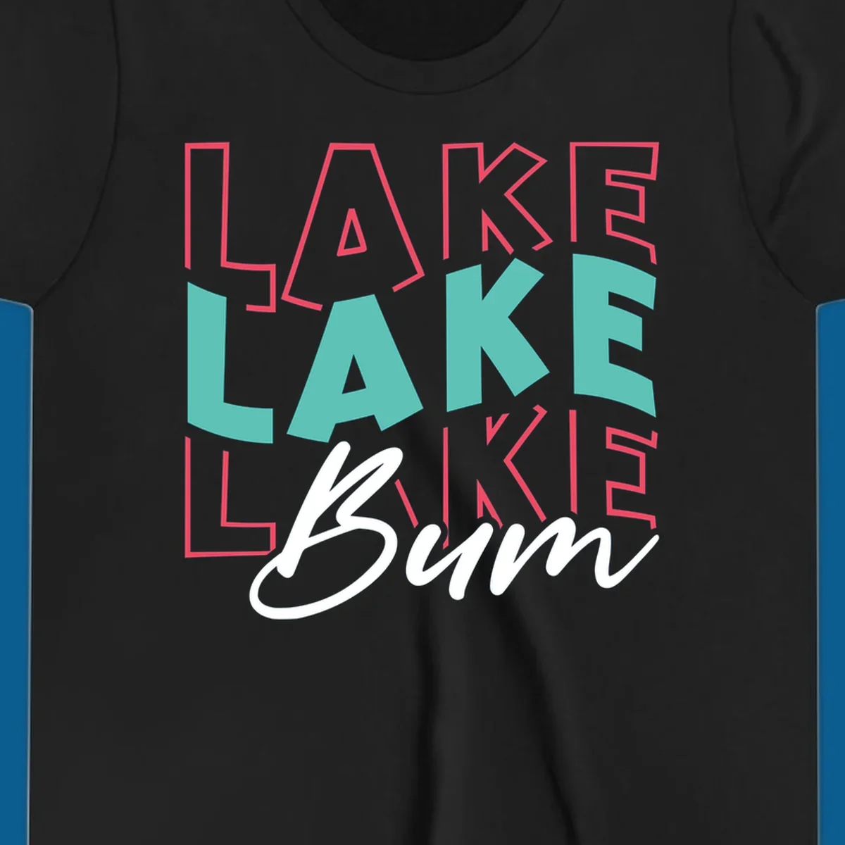 Lake Bum typography design with layered LAKE text and white script Bum. lake-bum-typography.