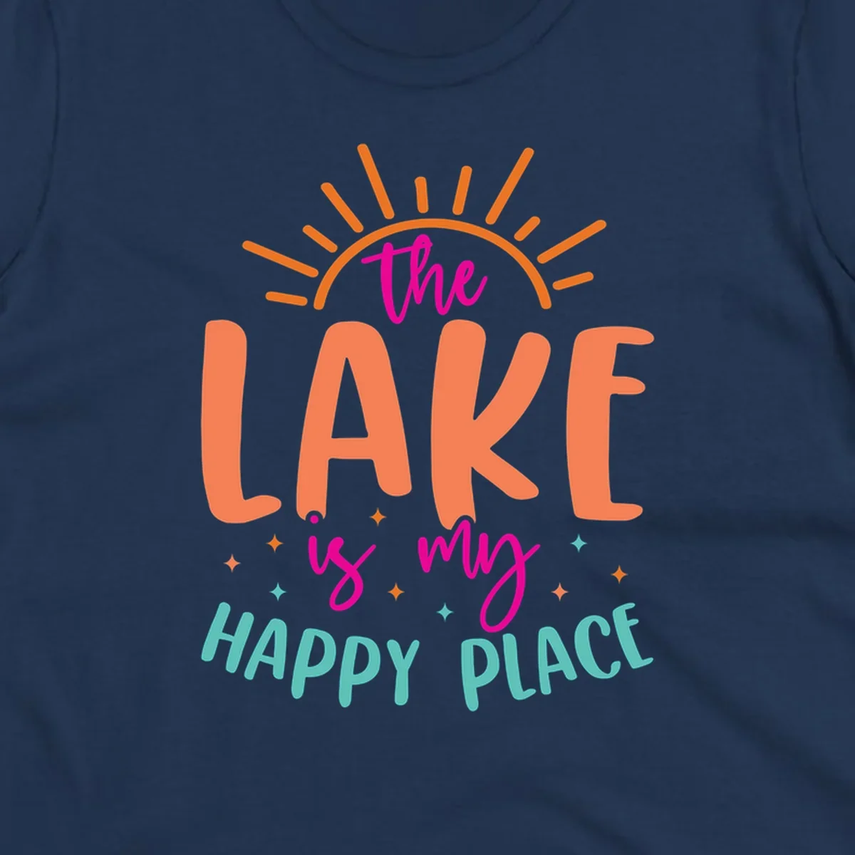 The lake is my happy place text design with sun rays and stars.