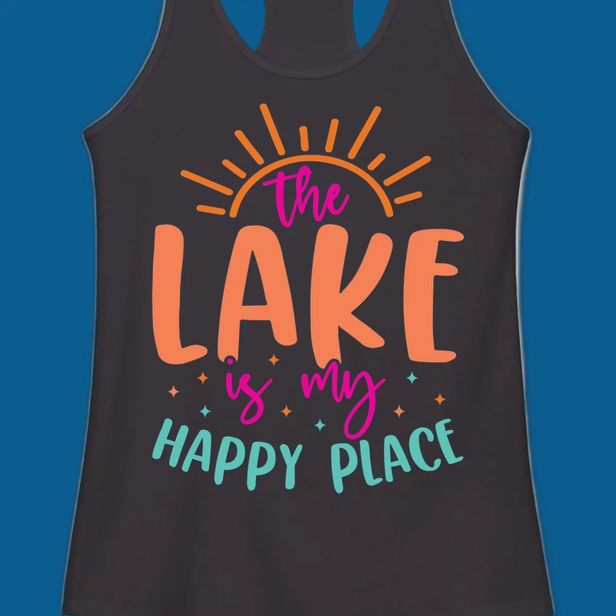 The lake is my happy place text design with sun rays and stars.