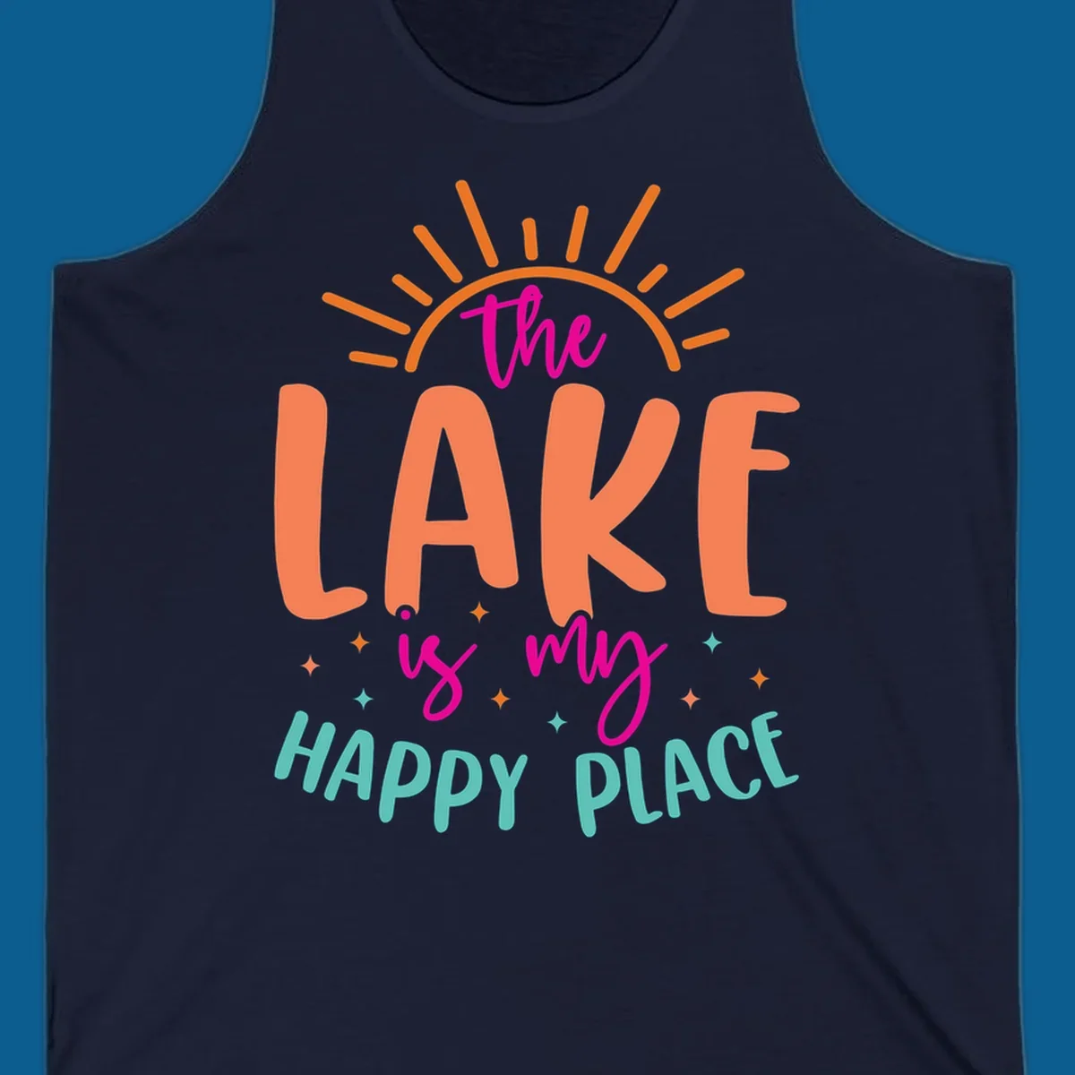 The lake is my happy place text design with sun rays and stars.