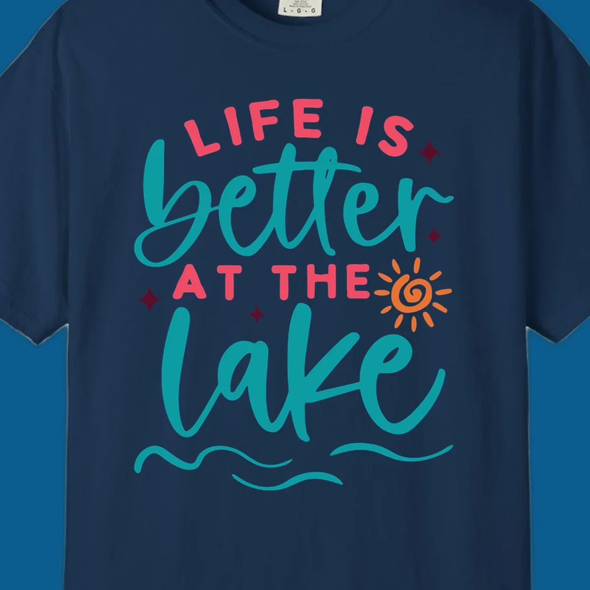 Typography design with 'Life is Better at the Lake' and lake-life graphics.