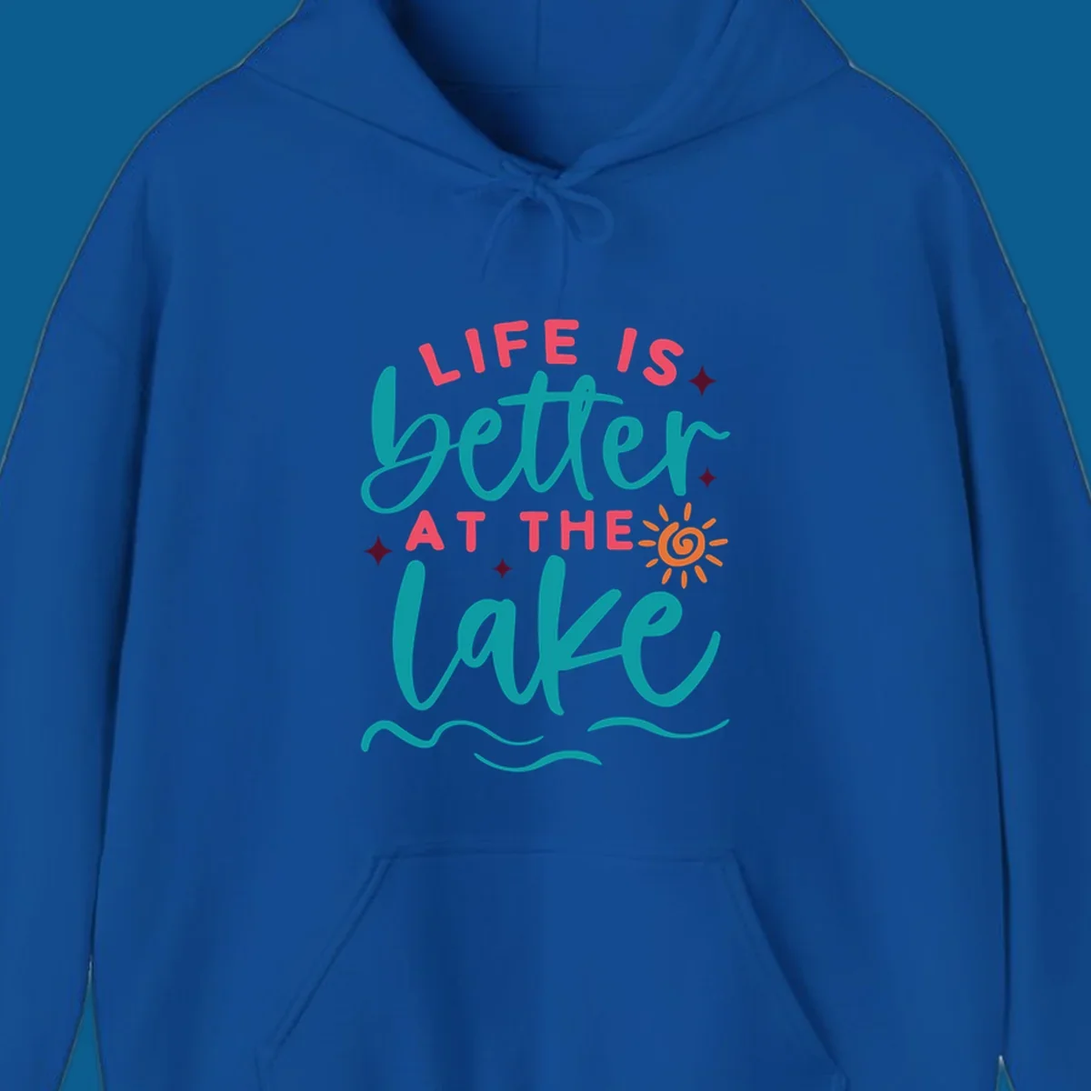 Typography design with 'Life is Better at the Lake' and lake-life graphics.