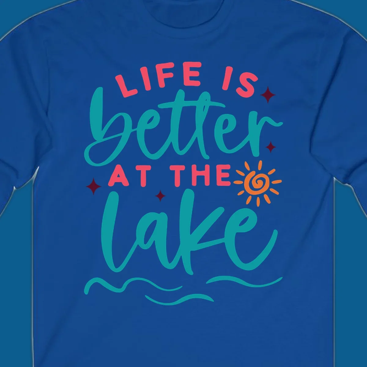 Typography design with 'Life is Better at the Lake' and lake-life graphics.