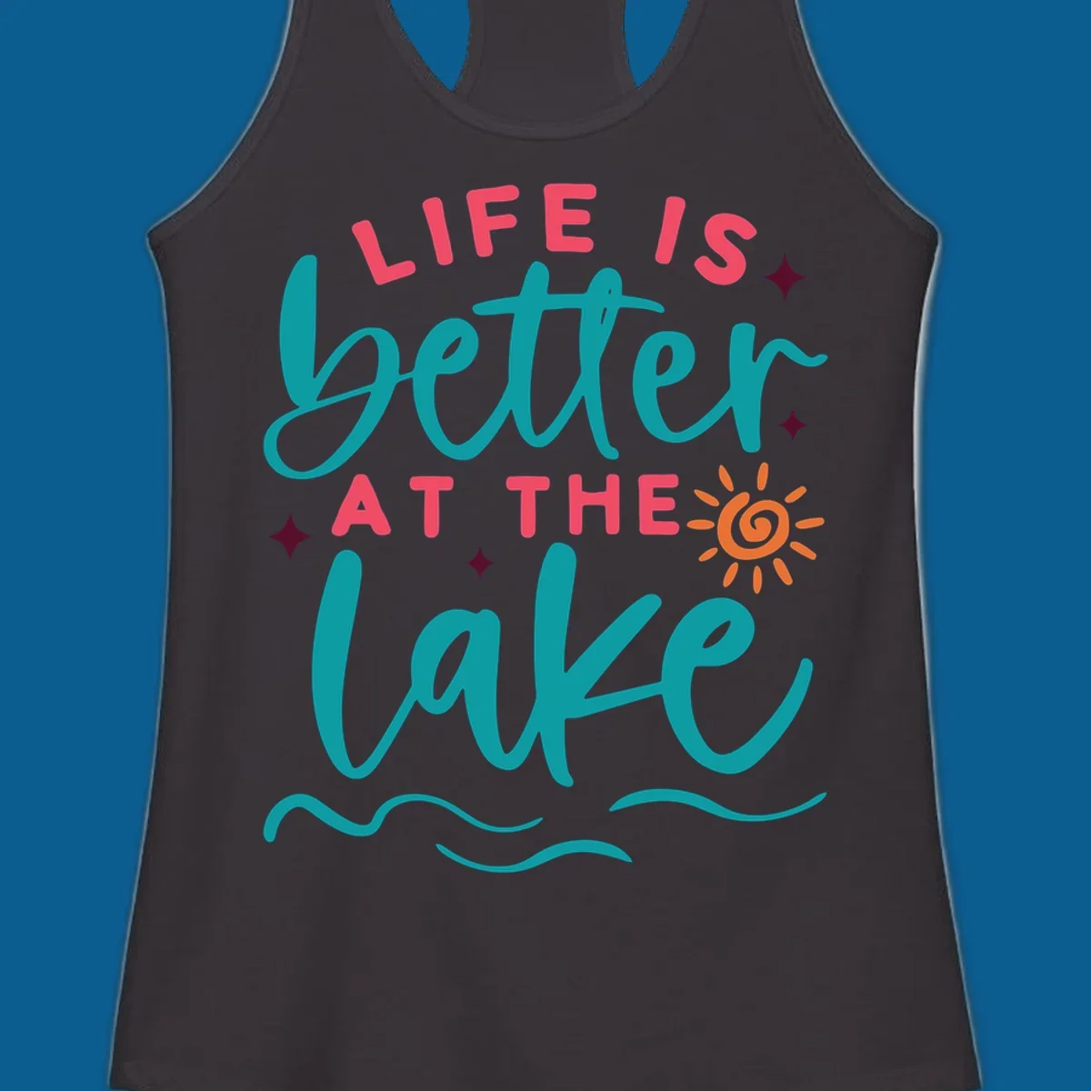 Typography design with 'Life is Better at the Lake' and lake-life graphics.
