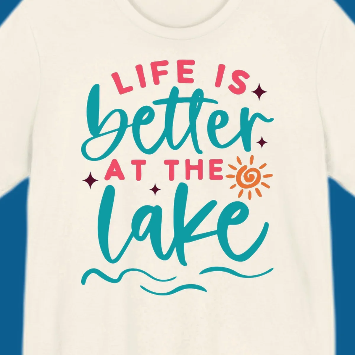 Typography design with 'Life is Better at the Lake' and lake-life graphics.