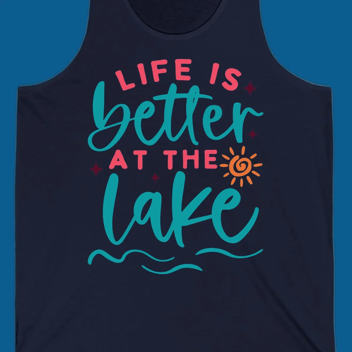 Typography design with 'Life is Better at the Lake' and lake-life graphics.