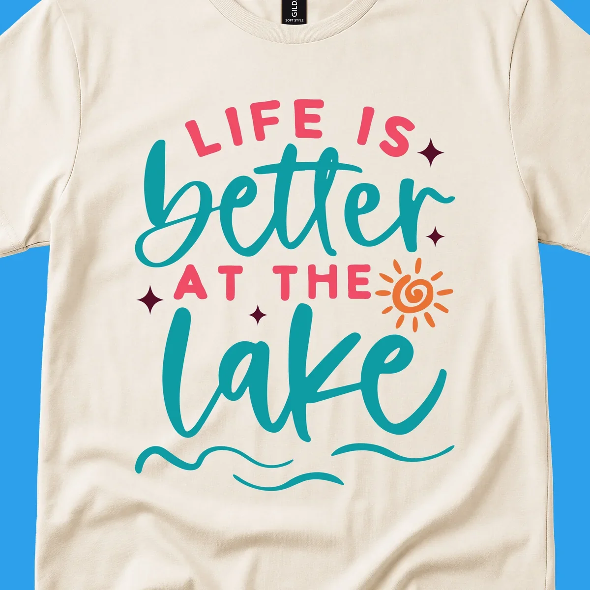 Typography design with 'Life is Better at the Lake' and lake-life graphics.