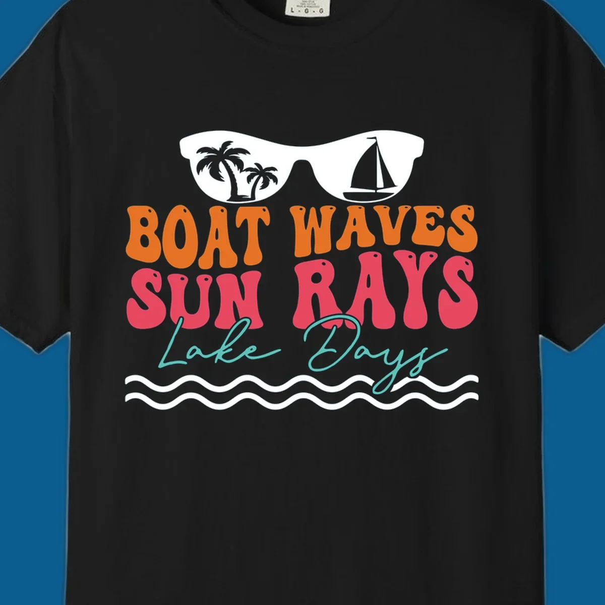 Retro sunglasses reflecting palm trees and sailboat above text "BOAT WAVES SUN RAYS Lake Days" for lake life.