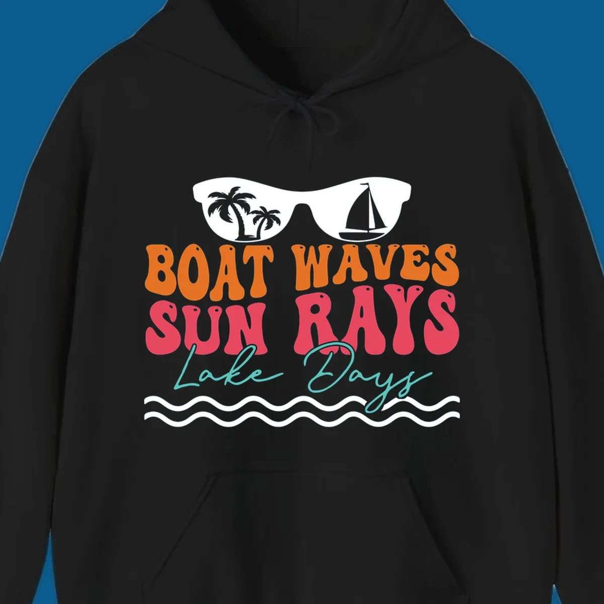 Retro sunglasses reflecting palm trees and sailboat above text "BOAT WAVES SUN RAYS Lake Days" for lake life.